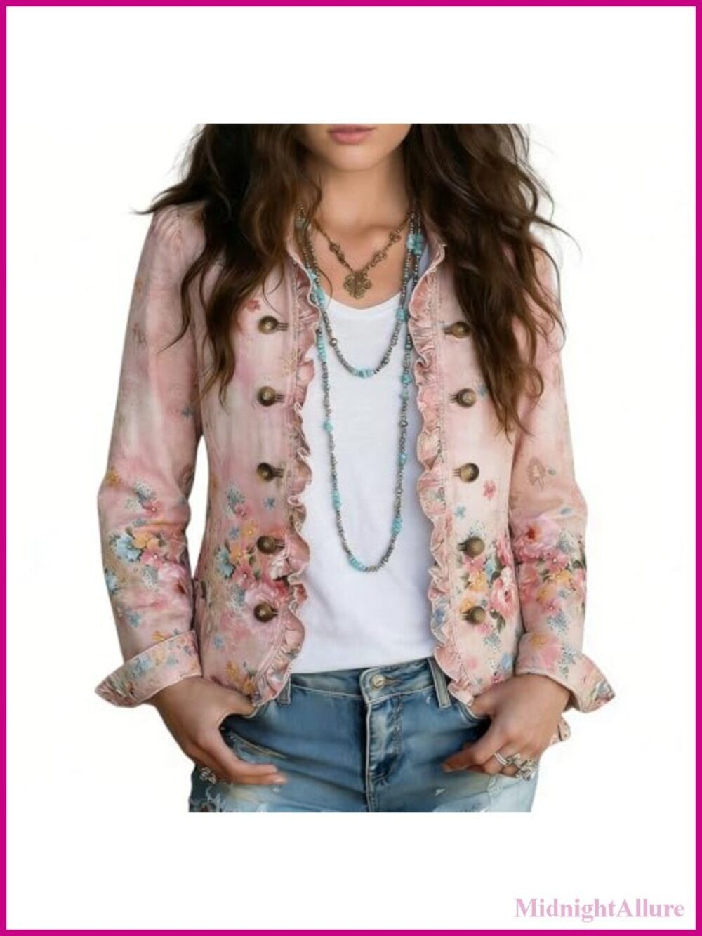 Vintage Floral Ruffle Trim Notch Lapel Long Sleeve Button Jacket Lightweight